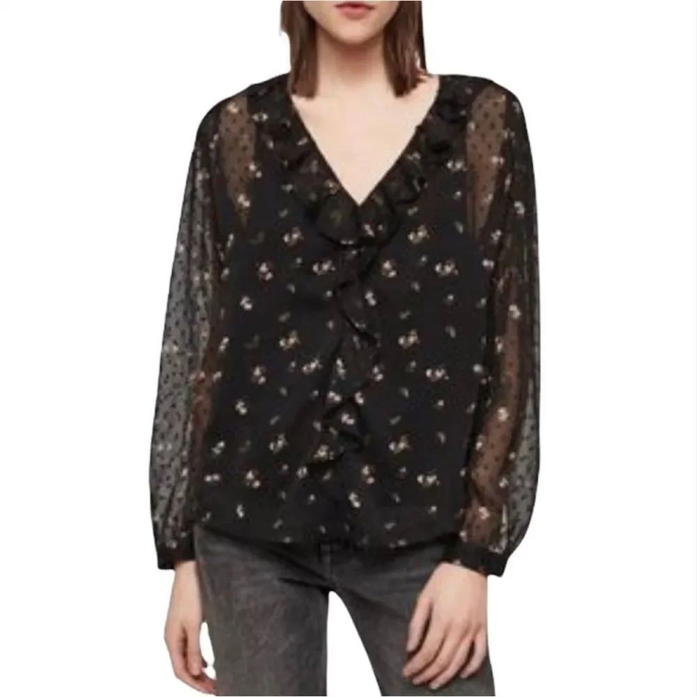All Saints black semi sheer floral ruffle top 8